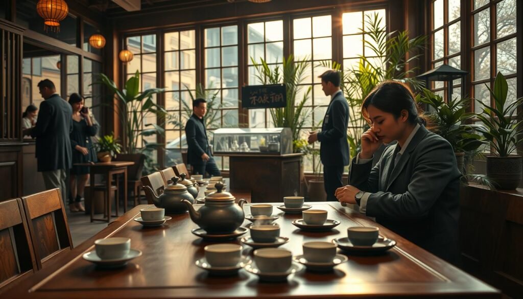 A serene tea house setting in an urban environment, showcasing the cultural significance of fixed-point tea. In the foreground, a beautifully set wooden table adorned with traditional teapots and tea cups, steam rising gently. A couple in modest, professional attire enjoys their tea, embodying a cozy and intimate atmosphere. The middle ground features an elegant tea vendor interacting with customers, surrounded by lush indoor plants that evoke a sense of tranquility. In the background, warm lighting filters through large windows, casting gentle shadows and enhancing the cinematic vibes. The overall mood is romantic and inviting, emphasizing the historical and cultural essence of tea drinking in a contemporary context. 4:3 aspect ratio is required.