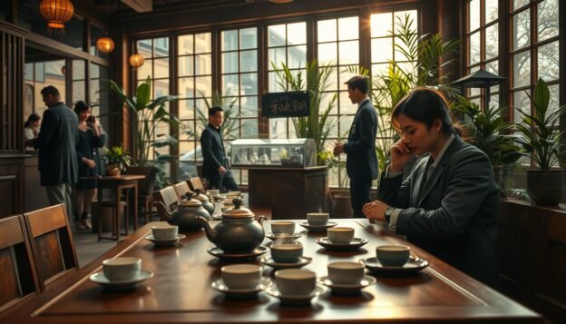 A serene tea house setting in an urban environment, showcasing the cultural significance of fixed-point tea. In the foreground, a beautifully set wooden table adorned with traditional teapots and tea cups, steam rising gently. A couple in modest, professional attire enjoys their tea, embodying a cozy and intimate atmosphere. The middle ground features an elegant tea vendor interacting with customers, surrounded by lush indoor plants that evoke a sense of tranquility. In the background, warm lighting filters through large windows, casting gentle shadows and enhancing the cinematic vibes. The overall mood is romantic and inviting, emphasizing the historical and cultural essence of tea drinking in a contemporary context. 4:3 aspect ratio is required.