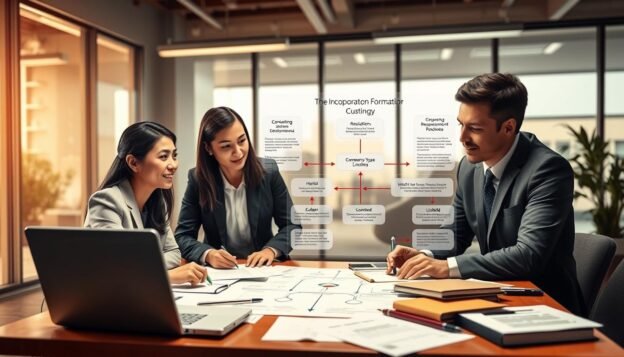 A visually detailed and informative illustration of the legal framework for starting a company, focusing on the process of incorporating a business. In the foreground, a diverse group of professionals in business attire—an Asian woman and a Caucasian man—engage in discussion around a table cluttered with legal documents and a laptop displaying a flowchart. In the middle ground, a large, stylized infographic outlines the steps for company formation, showcasing elements like regulations, responsibilities, and company types (unlimited vs. limited). The background features a modern office setting with large windows letting in soft, natural light, enhancing the professional atmosphere. The overall mood is one of collaboration and professionalism, with a sense of urgency in navigating the complexities of legal compliance.
