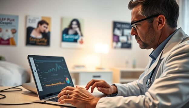 An informative scene illustrating the analysis of sleep apnea machine data. In the foreground, a focused healthcare professional, dressed in a smart white coat, is intently examining digital graphs and charts on a laptop, showcasing detailed sleep metrics such as oxygen levels and breathing patterns. In the middle ground, a sleek, modern sleep apnea machine is prominently displayed, with various indicators and lights indicating its functionality. The background features a softly lit medical office, adorned with calming colors and medical posters related to sleep health, creating a serene and professional atmosphere. The lighting is bright yet warm, emphasizing a sense of clarity and understanding, while a shallow depth of field draws attention to the expert's engagement with the data.