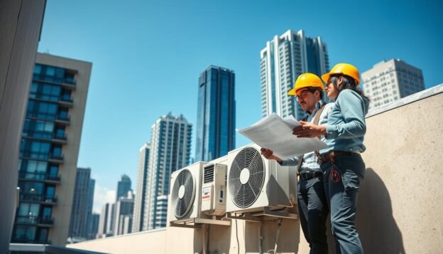 A detailed depiction of an external air conditioning unit installation on a building's outer wall. In the foreground, a team of two professionals, a man and a woman, both in safety helmets and professional work attire, are carefully examining blueprints and discussing their installation strategy. The middle ground showcases the air conditioning unit being installed, with tools scattered around. The background features a modern urban skyline with tall buildings under a clear blue sky, allowing natural light to illuminate the scene. The atmosphere is focused and diligent, with a sense of teamwork and professionalism emphasized. The composition should capture an angled view, showcasing both the installation process and the building's architecture in a harmonious layout.