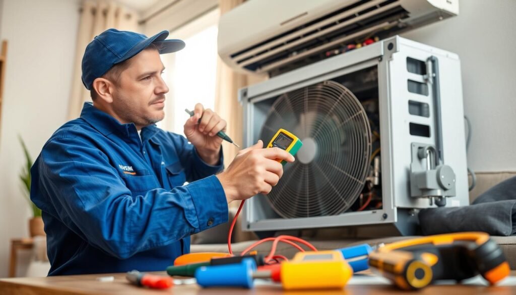 A professional HVAC technician in a blue uniform repairs an air conditioning unit in a modern living room. The technician, depicted in a focused and diligent pose, uses various tools like a screwdriver and multimeter to check the unit's functionality. In the foreground, neatly organized tools are visible, while the midground highlights the air conditioning unit, partially disassembled, with wires and components exposed. The background features a sunlit window, allowing natural light to illuminate the scene, creating a warm and inviting atmosphere. The technician's expression reflects dedication and expertise, showcasing a commitment to quality service in air conditioning maintenance.