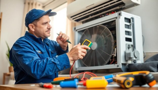 A professional HVAC technician in a blue uniform repairs an air conditioning unit in a modern living room. The technician, depicted in a focused and diligent pose, uses various tools like a screwdriver and multimeter to check the unit's functionality. In the foreground, neatly organized tools are visible, while the midground highlights the air conditioning unit, partially disassembled, with wires and components exposed. The background features a sunlit window, allowing natural light to illuminate the scene, creating a warm and inviting atmosphere. The technician's expression reflects dedication and expertise, showcasing a commitment to quality service in air conditioning maintenance.