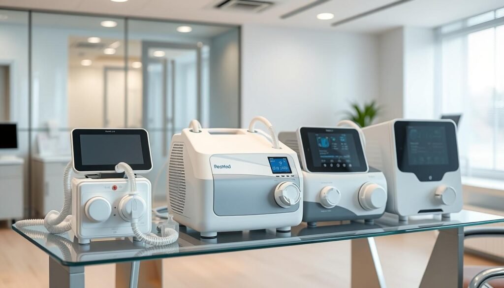A professional clinical display showcasing a variety of high-end CPAP machines from brands like ResMed and Fisher & Paykel, sleek design, placed on a modern glass table in a bright medical office, 4k, realistic lighting.