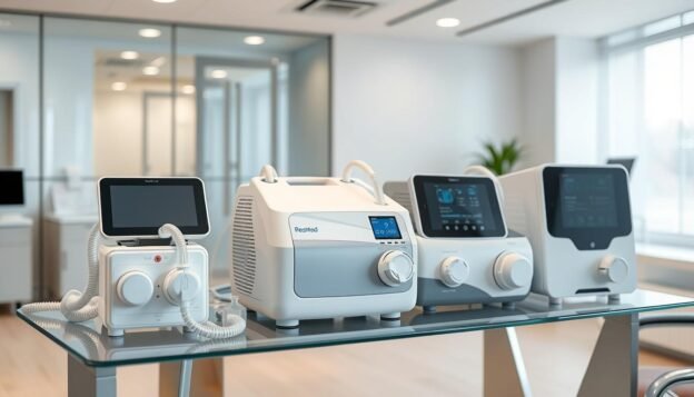 A professional clinical display showcasing a variety of high-end CPAP machines from brands like ResMed and Fisher & Paykel, sleek design, placed on a modern glass table in a bright medical office, 4k, realistic lighting.