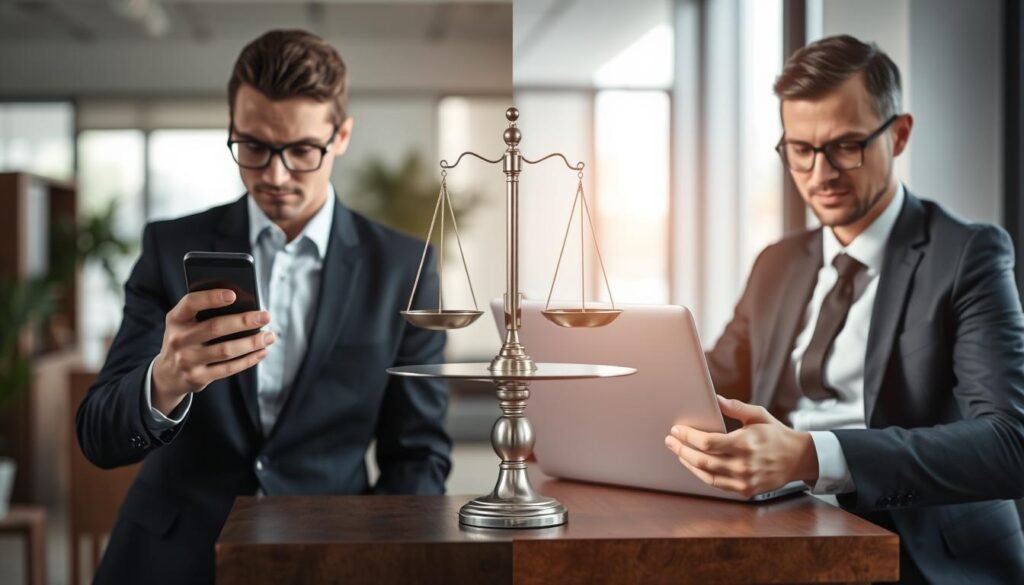 A split-screen image illustrating the payment safety differences between individual and corporate accounts in the context of U.S. purchasing services. In the foreground, on the left, a professional businessperson in formal attire, appearing cautious and thoughtful, observes a smartphone displaying a secure payment app, symbolizing individual payment risks. On the right, a corporate representative in business attire reviews a laptop with a secure company payment system, conveying a sense of confidence and reliability. The middle ground features a balance scale subtly blending into the background, signifying the contrasting risk factors. The background should depict an office environment with soft, natural lighting to create a professional and approachable atmosphere.