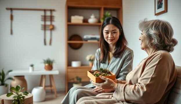A serene clinic environment, depicting a blended approach to Traditional Chinese Medicine (TCM) and IVF assistance for fertility. In the foreground, a compassionate female TCM practitioner in modest professional attire is engaged with a patient, a middle-aged woman, seated comfortably and looking hopeful. The practitioner is explaining herbal remedies while holding a box of carefully arranged herbs. In the middle background, traditional Chinese acupuncture tools and modern IVF technology are subtly displayed, symbolizing the integration of old and new practices. Soft, warm lighting enhances the atmosphere of tranquility and support, while gentle plants decorate the space, representing growth and potential. The angle is slightly elevated, capturing the connection between the practitioner and the patient, emphasizing empathy and wellness.