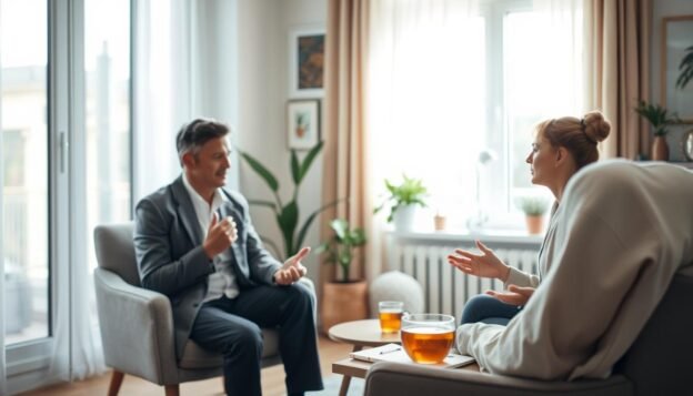 A serene therapy room illuminated by soft, natural light filtering through a large window, creating a calming atmosphere. In the foreground, a compassionate psychiatrist, dressed in professional attire, sits across from a patient who displays visible signs of anxiety, such as fidgeting hands and a worried expression. In the middle ground, a comfortable armchair and a small coffee table hold a notepad and a steaming cup of herbal tea, signifying a safe space for conversation. The background features calming decor with plants and soothing artwork, enhancing the therapeutic vibe. The scene conveys a sense of hope and support, suggesting the professional guidance necessary for treating anxiety and preventing its progression into depression.