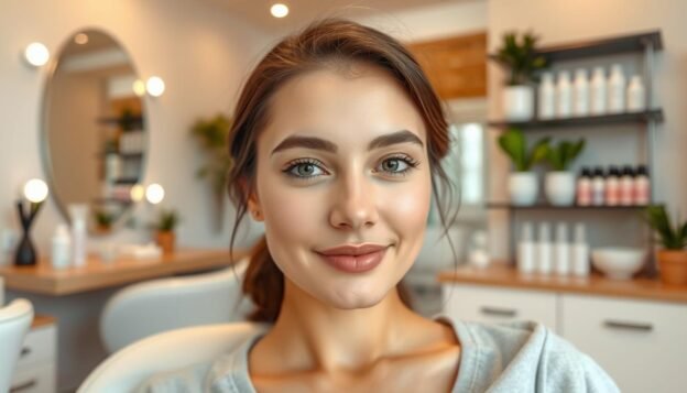 A close-up image of a young woman with a gentle expression, sitting comfortably in a modern beauty salon, showcasing her chin and upper lip area. Her skin looks smooth and refreshed, emphasizing the benefits of hair removal treatments. She is wearing modest, casual clothing that conveys a sense of professionalism. The salon is softly lit, creating a warm and inviting atmosphere, with stylish decor in the background, including mirrors, plants, and beauty products neatly arranged on shelves. The camera angle is slightly tilted to capture her face and the service area, adding depth to the scene. The mood is serene and confident, promoting a sense of self-care and empowerment.