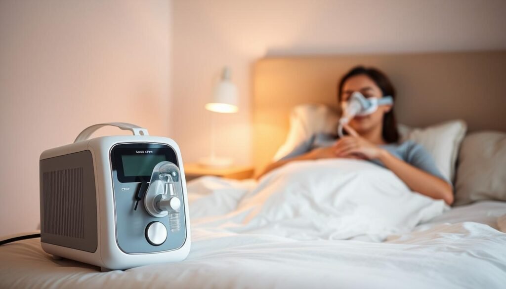 A serene bedroom environment featuring a comfortable, neatly arranged bed with soft, inviting bedding. In the foreground, a high-quality Good CPAP machine is displayed prominently, highlighting its sleek design and advanced technology. The CPAP mask is shown with a soft, protective cushion attachment, demonstrating a focus on comfort and pressure relief. A person in modest casual clothing is interacting with the CPAP machine, looking relaxed and content, emphasizing the advantages of using this device for better sleep quality. The middle background includes a softly lit bedside table with a gentle lamp casting a warm glow, adding to the peaceful atmosphere. The scene should evoke feelings of tranquility and well-being, enhancing the viewer's understanding of the benefits of CPAP therapy.