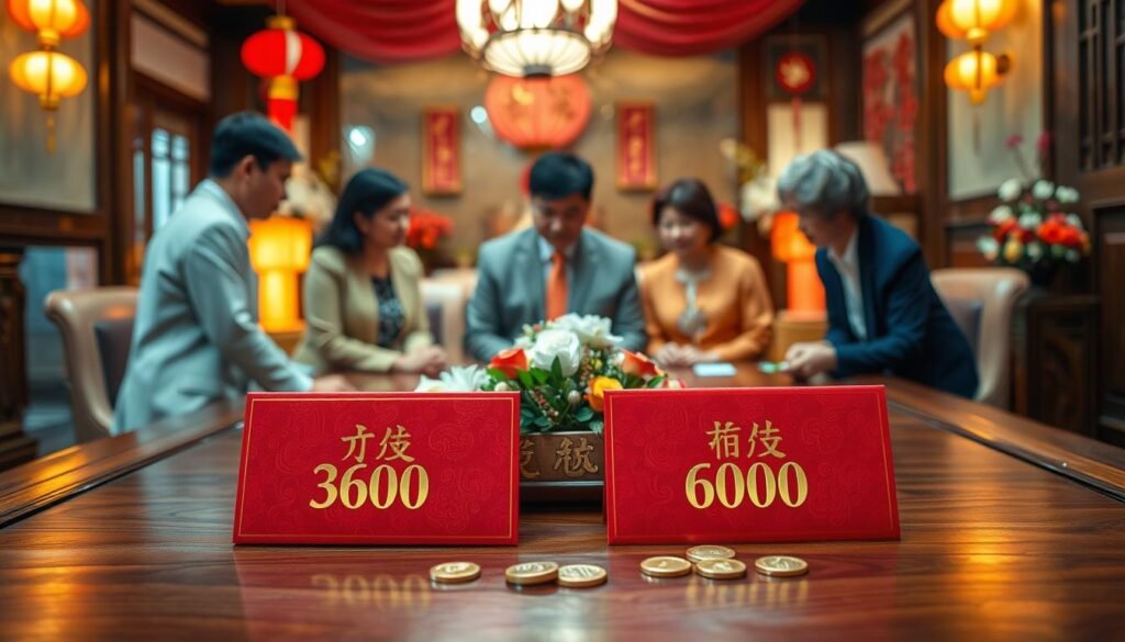 A traditional scene depicting the preparation of red envelopes (紅包) for a wedding ceremony focused on cultural taboos regarding monetary amounts. In the foreground, a beautifully arranged wooden table showcases intricately designed red envelopes, one labeled with "3600" and another with "6000," surrounded by decorative golden coins. The middle ground features a family gathering, with two adults in professional attire discussing the significance of these amounts. The background reveals elements of a warmly lit, elegant room adorned with traditional Chinese decorations, including lanterns and floral arrangements, creating a festive atmosphere. The scene captures a sense of respect and contemplation, with soft, ambient lighting enhancing the cultural richness.