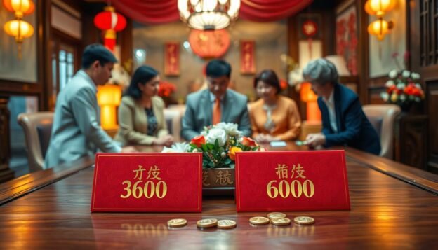 A traditional scene depicting the preparation of red envelopes (紅包) for a wedding ceremony focused on cultural taboos regarding monetary amounts. In the foreground, a beautifully arranged wooden table showcases intricately designed red envelopes, one labeled with "3600" and another with "6000," surrounded by decorative golden coins. The middle ground features a family gathering, with two adults in professional attire discussing the significance of these amounts. The background reveals elements of a warmly lit, elegant room adorned with traditional Chinese decorations, including lanterns and floral arrangements, creating a festive atmosphere. The scene captures a sense of respect and contemplation, with soft, ambient lighting enhancing the cultural richness.